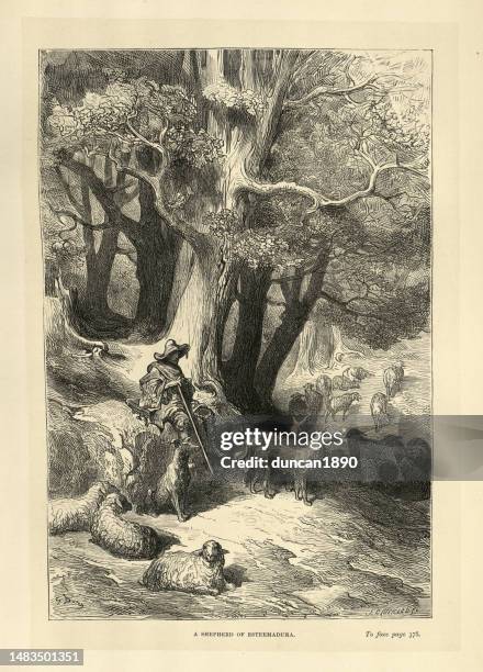 ilustrações de stock, clip art, desenhos animados e ícones de shepherd of extremadura, sheepdog, flock of sheep in forest, spain, spanish 19th century history, vintage illustration by gustave dore - pastor trabalho agrícola