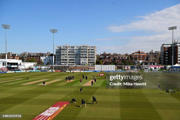 Players warm up ahead of the LV= Insurance County Championship Division 2 match between Sussex and Yorkshire at The 1st Central County Ground on...