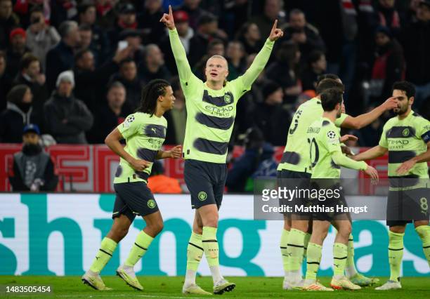 Erling Haaland of Manchester City celebrates after scoring their team's first goal during the UEFA Champions League quarterfinal second leg match...