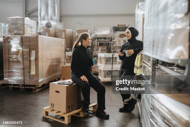 female worker sitting on box while talking to colleague leaning on rack at warehouse - voile religieux photos et images de collection
