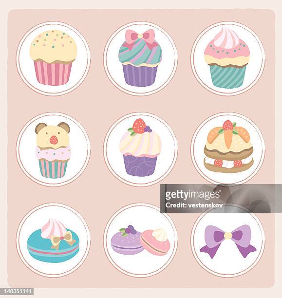 pastell desserts-cupcake, makronen, layer cake - macaroon stock-grafiken, -clipart, -cartoons und -symbole