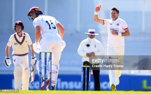 James Anderson of Lancashire celebrates the wicket of Tom Lammonby of Somerset during Day One of the LV= Insurance County Championship Division 1...