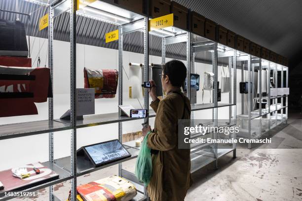 People visit the design exhibition "Always Beta. Never Waste" by Swiss manufacturer FREITAG design exhibition part of Dropcity, a new centre for...