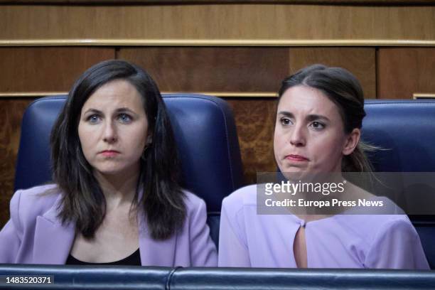 The Secretary General of Podemos and Minister of Social Rights and Agenda 2030, Ione Belarra and the Minister of Equality, Irene Montero , during a...