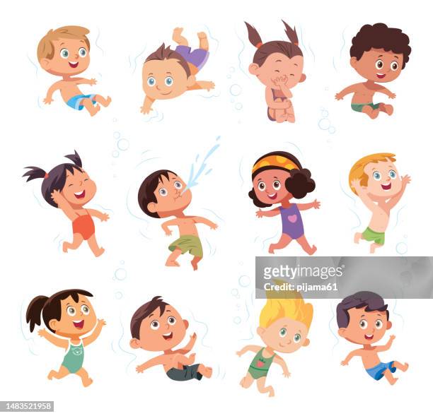 kleine taucher zeichentrick-set, kinder schnorcheln, set lustige zeichentrickfigur - baby swimmer stock-grafiken, -clipart, -cartoons und -symbole