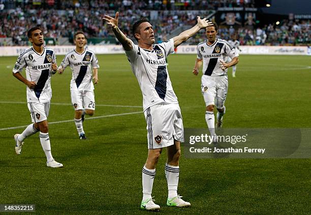 Robbie Keane of the Los Angeles Galaxy celebrates scoring a goal in the first half against the Portland Timbers on July 14, 2012 at Jeld-Wen Field in...