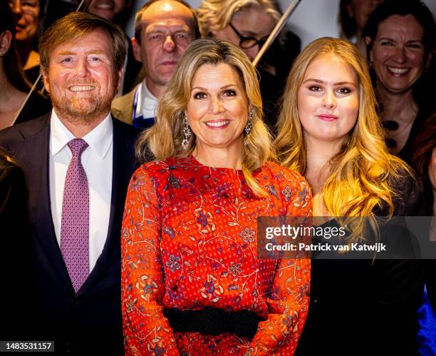 King Willem-Alexander of The Netherlands, Queen Maxima of The Netherlands and Princess Amalia of The Netherlands pictured with the artists of the...