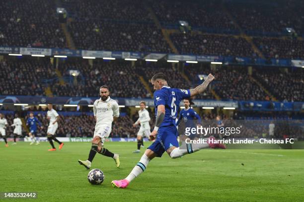 Enzo Fernandez of Chelsea in action during the UEFA Champions League quarterfinal second leg match between Chelsea FC and Real Madrid at Stamford...