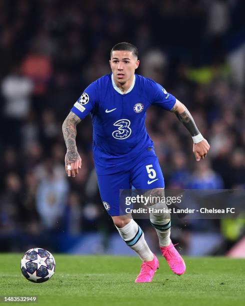 Enzo Fernandez of Chelsea in action during the UEFA Champions League quarterfinal second leg match between Chelsea FC and Real Madrid at Stamford...