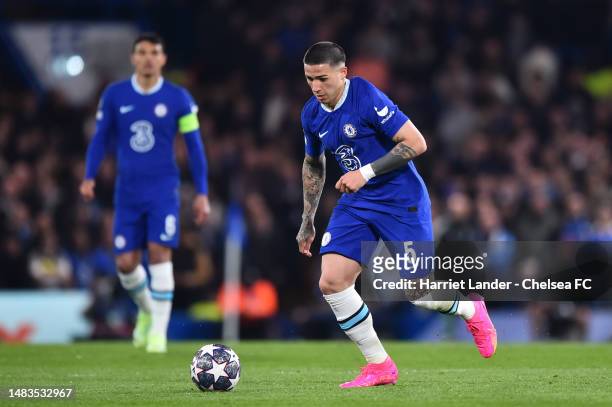 Enzo Fernandez of Chelsea in action during the UEFA Champions League quarterfinal second leg match between Chelsea FC and Real Madrid at Stamford...
