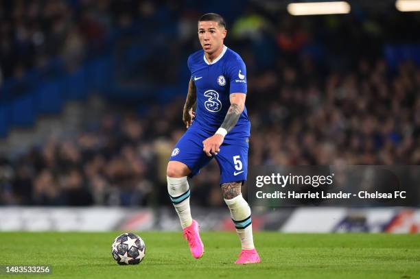 Enzo Fernandez of Chelsea in action during the UEFA Champions League quarterfinal second leg match between Chelsea FC and Real Madrid at Stamford...