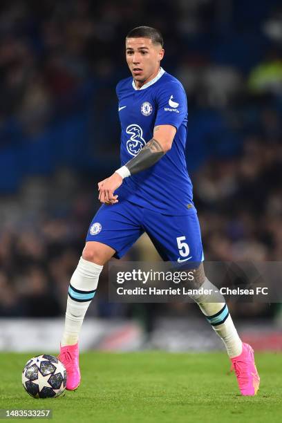 Enzo Fernandez of Chelsea in action during the UEFA Champions League quarterfinal second leg match between Chelsea FC and Real Madrid at Stamford...