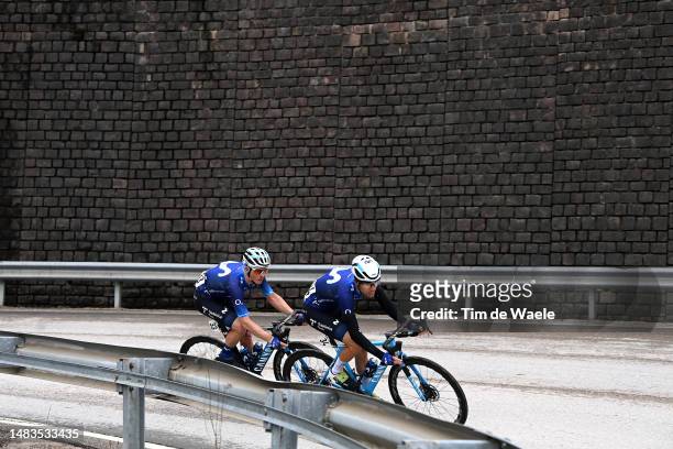 Gregor Muhlberger of Austria and Antonio Pedrero of Spain and Movistar Team compete in the breakaway during the 46th Tour of the Alps 2023, Stage 4 a...