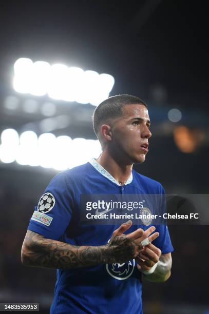 Enzo Fernandez of Chelsea looks on during the UEFA Champions League quarterfinal second leg match between Chelsea FC and Real Madrid at Stamford...