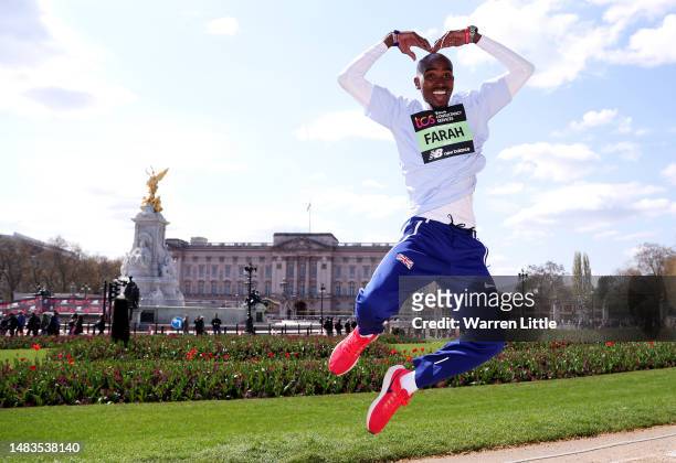 Mo Farah poses for a photograph outside Buckingham Palace ahead of the 2023 TCS London Marathon on April 20, 2023 in London, England.