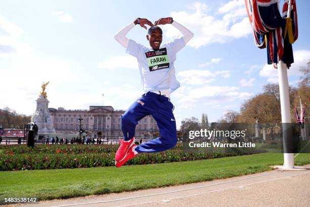 Mo Farah poses for a photograph outside Buckingham Palace ahead of the 2023 TCS London Marathon on April 20, 2023 in London, England.