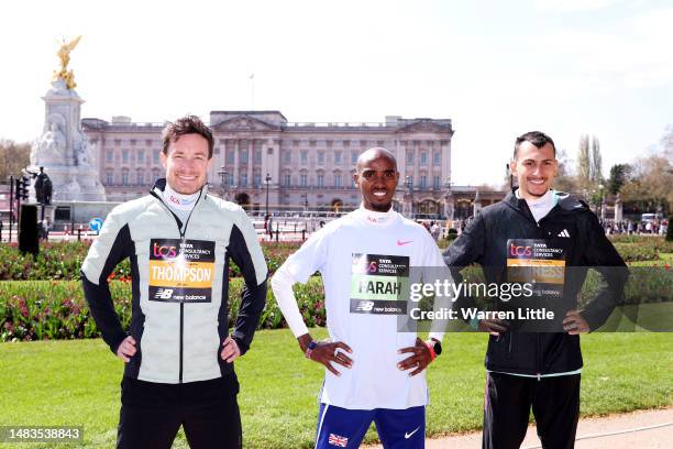 Chris Thompson, Sir Mo Farah and Emile Cairess pose for a photograph outside Buckingham Palace ahead of the 2023 TCS London Marathon on April 20,...