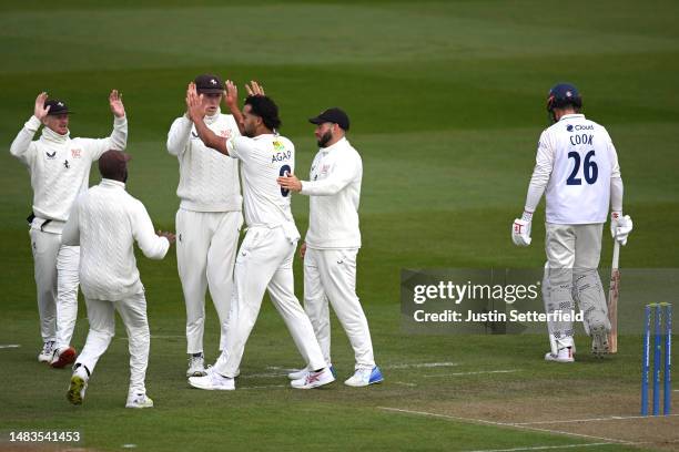 Wes Agar of Kent celebrates taking the wicket of Alastair Cook of Essex plays a shot during the LV= Insurance County Championship Division 1 match...