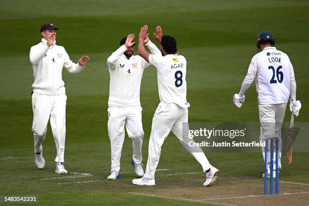 Wes Agar of Kent celebrates taking the wicket of Alastair Cook of Essex plays a shot during the LV= Insurance County Championship Division 1 match...