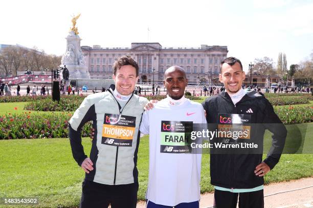 Chris Thompson, Sir Mo Farah and Emile Cairess pose for a photograph outside Buckingham Palace ahead of the 2023 TCS London Marathon on April 20,...