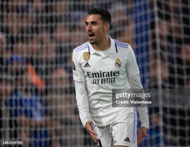 Dani Ceballos of Real Madrid celebrates their second goal during the UEFA Champions League quarterfinal second leg match between Chelsea FC and Real...