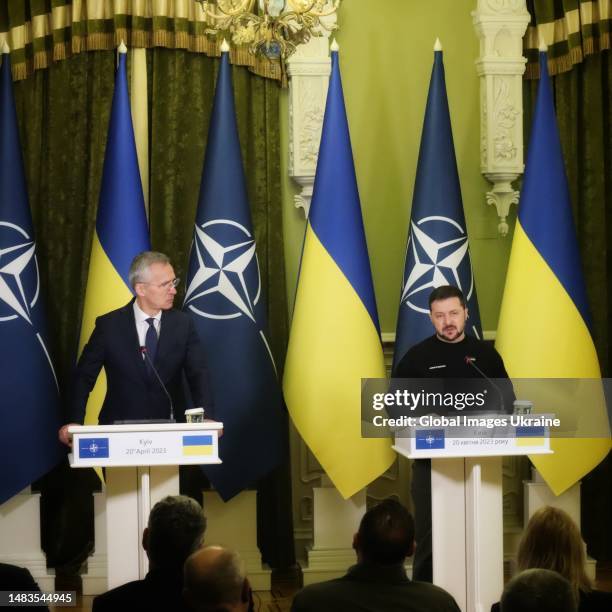 Secretary General of NATO Jens Stoltenberg and President Volodymyr Zelenskyi during a meeting on April 20, 2023 in Kyiv, Ukraine. Main topics...