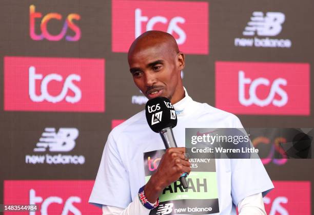 Sir Mo Farah speaks during the 2023 TCS London Marathon Press Conference on April 20, 2023 in London, England.