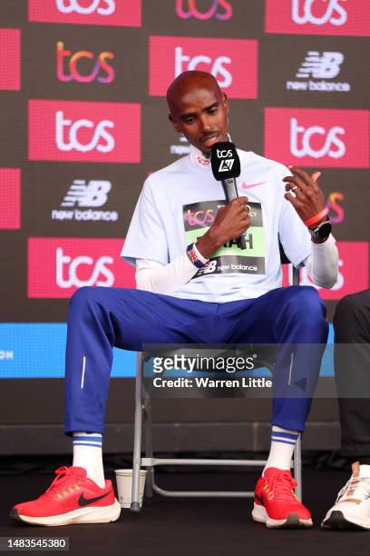 Sir Mo Farah speaks during the 2023 TCS London Marathon Press Conference on April 20, 2023 in London, England.