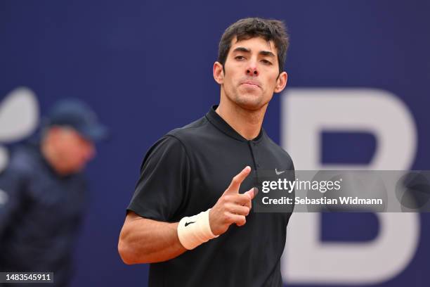 Cristian Garin of Chile reacts during his second round match against Lorenzo Sonego of Italy during day six of the BMW Open by American Express at...