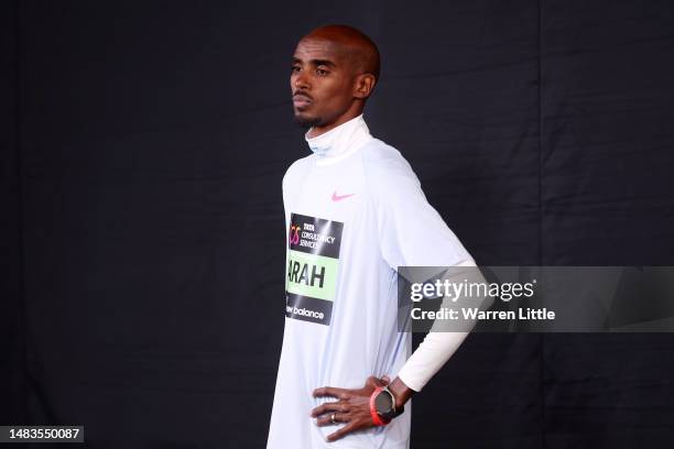 Sir Mo Farah poses for a photograph during the 2023 TCS London Marathon Press Conference on April 20, 2023 in London, England.