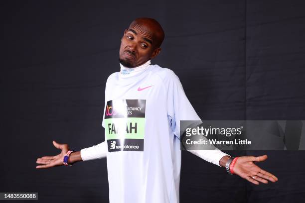 Sir Mo Farah poses for a photograph during the 2023 TCS London Marathon Press Conference on April 20, 2023 in London, England.