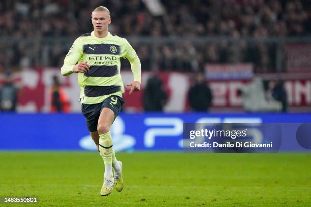 Erling Haaland of Manchester City during the UEFA Champions League quarterfinal second leg match between FC Bayern München and Manchester City at...