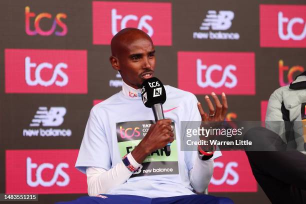 Sir Mo Farah speaks during the 2023 TCS London Marathon Press Conference on April 20, 2023 in London, England.
