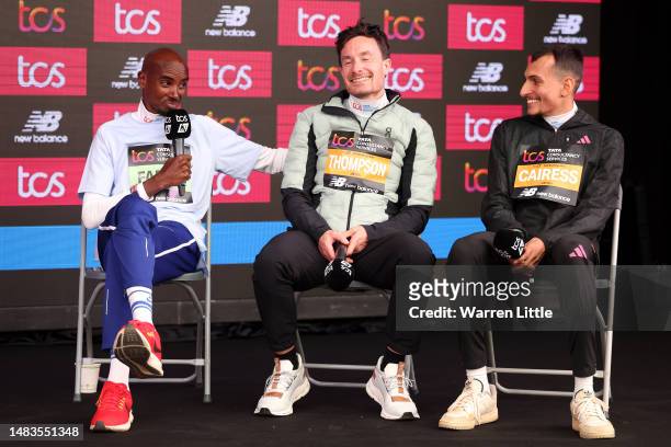 Sir Mo Farah, Chris Thompson and Emile Cairess speak during the 2023 TCS London Marathon Press Conference on April 20, 2023 in London, England.