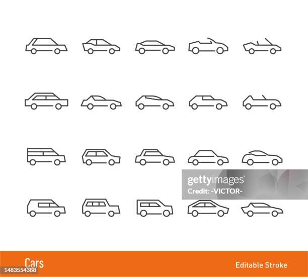 ilustraciones, imágenes clip art, dibujos animados e iconos de stock de iconos de coche - trazo editable - serie de iconos de línea - coche pequeño