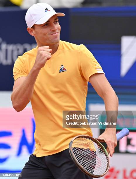 Christopher O'Connell of Australia reacts after winning his second round match against Alexander Zverev of Germany during day six of the BMW Open by...