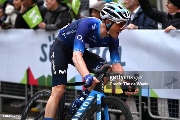 Gregor Muhlberger of Austria and Movistar Team sprint at finish line to win the 46th Tour of the Alps 2023, Stage 4 a 152.9km stage from Rovereto to...