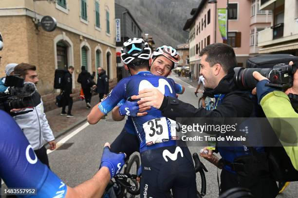 Stage winner Gregor Muhlberger of Austria and Movistar Team celebrates at finish line with his teammate Óscar Rodríguez of Spain after the 46th Tour...