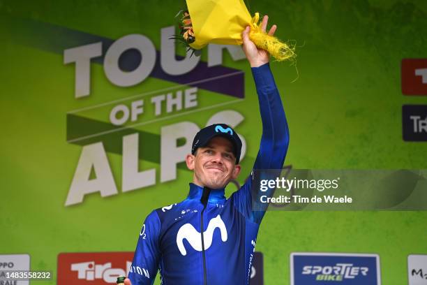 Gregor Muhlberger of Austria and Movistar Team celebrates at podium as stage winner during the 46th Tour of the Alps 2023, Stage 4 a 152.9km stage...