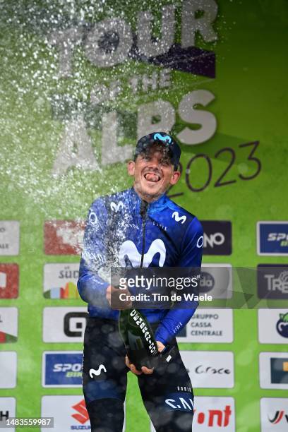 Gregor Muhlberger of Austria and Movistar Team celebrates at podium as stage winner during the 46th Tour of the Alps 2023, Stage 4 a 152.9km stage...