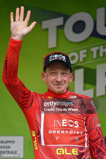 Tao Geoghegan Hart of United Kingdom and Team INEOS Grenadiers celebrates at podium as Red Points Jersey winner during the 46th Tour of the Alps...