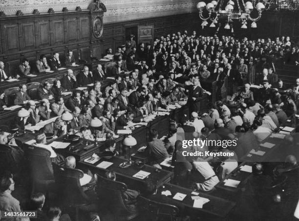 General view of the courtroom as former Prime Minister of the French Third Republic Paul Reynaud testifies against Marshal Philippe Petain the former...