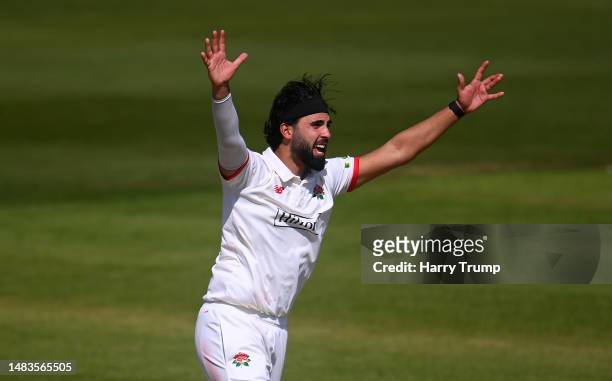 Saqib Mahmood of Lancashire unsuccessfully appeals for the LBW of Tom Abell of Somerset during Day One of the LV= Insurance County Championship...