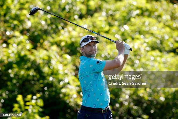 Chris Stroud of the United States plays his shot from the second tee during the first round of the Zurich Classic of New Orleans at TPC Louisiana on...