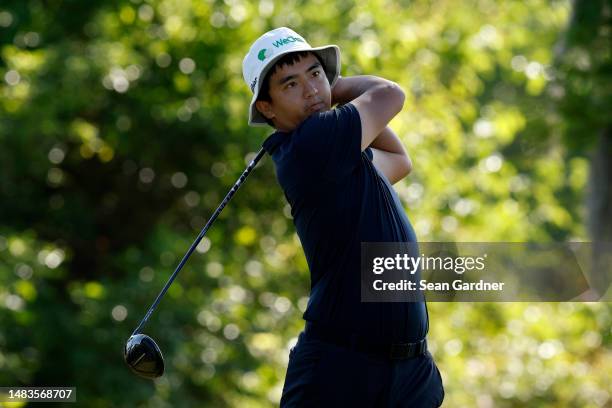 Zecheng Dou of China plays his shot from the second tee during the first round of the Zurich Classic of New Orleans at TPC Louisiana on April 20,...