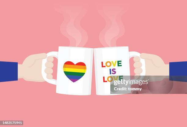 love is love text on a cup for lgbtq celebrate pride month - rainbow confetti stock illustrations