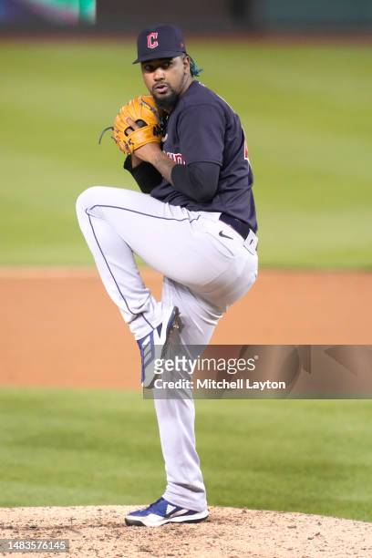 Emmanuel Clase of the Cleveland Guardians during a baseball game against the Washington Nationals at Nationals Park on April 14, 2023 in Washington,...