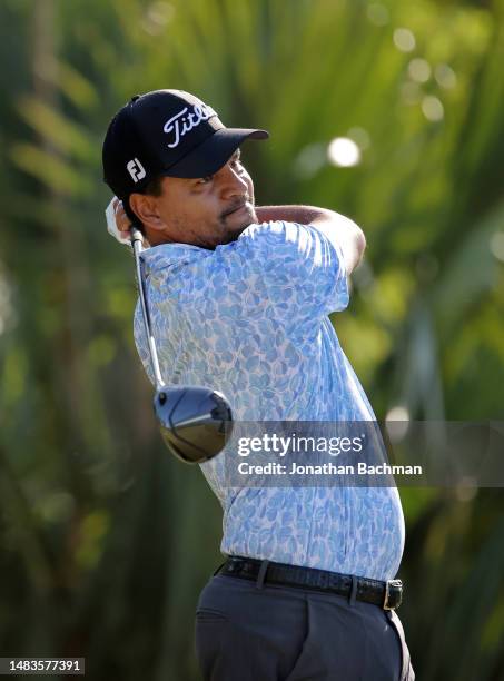 Fabian Gomez of Argentina plays his shot from the 11th tee during the first round of the Zurich Classic of New Orleans at TPC Louisiana on April 20,...