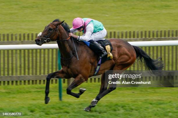 Ryan Moore riding Prepense win The Rossdales Maiden Fillies' Stakes at Newmarket Racecourse on April 20, 2023 in Newmarket, England.