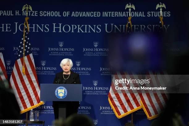 Secretary of the Treasury Janet Yellen delivers remarks at Johns Hopkins University’s School of Advanced International Studies on April 20, 2023 in...